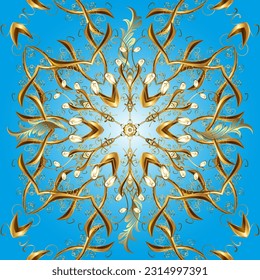 Classic vintage background. Seamless pattern on blue, yellow and brown colors with golden elements. Traditional orient ornament. Vector illustration. Seamless classic vector golden pattern.