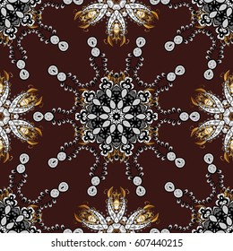 Classic vintage background. Seamless pattern on brown background with golden elements and white doodles. Seamless classic vector golden pattern. Traditional orient ornament.