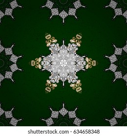 Classic vintage background. Seamless pattern on green background with golden elements and white doodles. Seamless classic vector golden pattern. Traditional orient ornament.