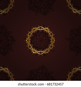 Classic vintage background. Seamless pattern on brown background with golden elements. Seamless classic vector golden pattern. Traditional orient ornament.