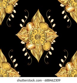 Classic vintage background. Seamless pattern on black background with golden elements. Seamless classic vector golden pattern. Traditional orient ornament.