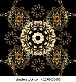 Classic vintage background. Seamless classic vector golden pattern. Traditional orient ornament. Seamless pattern on black, brown and beige colors with golden elements. Vector illustration.