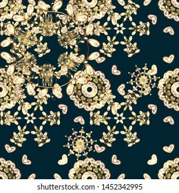 Classic vintage background. Seamless classic vector blue and white and golden pattern. Traditional orient ornament.
