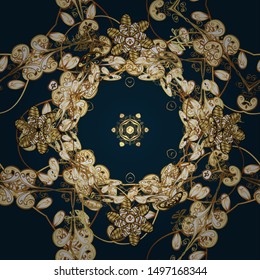 Classic vintage background. Seamless classic vector golden pattern. Traditional orient ornament. Seamless pattern on brown, blue and yellow colors with golden elements.
