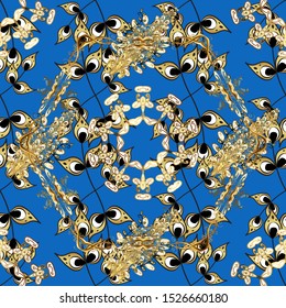 Classic vintage background. Seamless classic vector gray and blue and golden pattern. Traditional orient ornament.