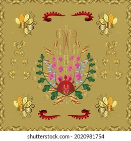 Classic vintage background. Seamless classic vector golden pattern. Traditional orient ornament. Golden pattern on brown, neutral and yellow colors with golden elements.