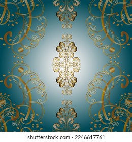 Classic vintage background. Seamless classic vector golden pattern. Traditional orient ornament. Golden pattern on neutral, blue and yellow colors with golden elements.