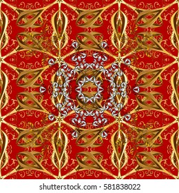 Classic vintage background. Seamless classic vector red and golden pattern. Traditional orient ornament with white doodles.