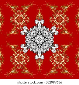 Classic vintage background. Seamless classic vector golden pattern. Traditional orient ornament. Seamless pattern on red background with golden elements and white doodles.
