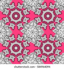Classic vintage background. Seamless classic vector pink and white pattern. Traditional orient ornament with white doodles.