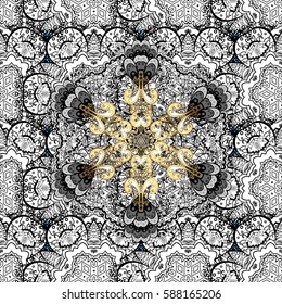Classic vintage background. Seamless classic vector golden pattern. Traditional orient ornament. Seamless pattern on blue background with golden elements and white doodles.