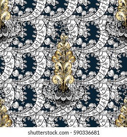 Classic vintage background. Seamless classic vector blue and golden pattern. Traditional orient ornament with white doodles.