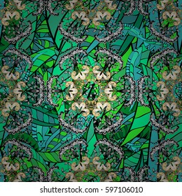 Classic vintage background. Seamless classic vector and golden pattern. Traditional orient ornament with green doodles.