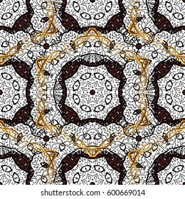 Classic vintage background. Seamless classic vector brown and golden pattern. Traditional orient ornament with white doodles.