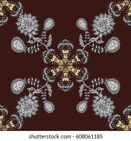 Classic vintage background. Seamless classic vector brown and golden pattern. Traditional orient ornament with white doodles.