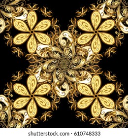 Classic vintage background. Seamless classic vector golden pattern. Traditional orient ornament. Seamless pattern on black background with golden elements.
