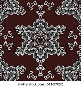 Classic vintage background. Seamless classic vector white pattern. Traditional orient ornament. Seamless pattern on brown background with white elements.