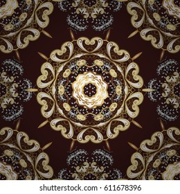 Classic vintage background. Seamless classic vector golden pattern. Traditional orient ornament. Seamless pattern on brown background with golden elements and white doodles.