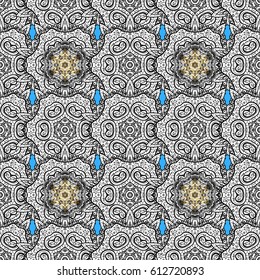 Classic vintage background. Seamless classic vector blue and golden pattern. Traditional orient ornament with white doodles.