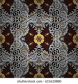Classic vintage background. Seamless classic vector brown and golden pattern. Traditional orient ornament with white doodles.