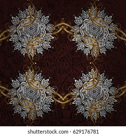Classic vintage background. Seamless classic vector brown and golden pattern. Traditional orient ornament with white doodles.