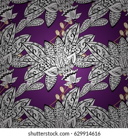 Classic vintage background. Seamless classic vector golden pattern. Traditional orient ornament. Seamless pattern on lilac background with golden elements and white doodles.