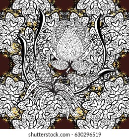 Classic vintage background. Seamless classic vector brown and golden pattern. Traditional orient ornament with white doodles.