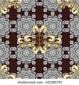 Classic vintage background. Seamless classic vector golden pattern. Vector illustration. Traditional orient ornament. Seamless pattern on brown background with golden elements.