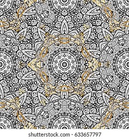 Classic vintage background. Seamless classic vector magenta and golden pattern. Traditional orient ornament with white doodles.