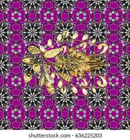 Classic vintage background. Seamless classic vector golden pattern. Traditional orient ornament. Seamless pattern on magenta background with golden elements and white doodles.