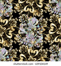 Classic vintage background. Seamless classic vector black and golden pattern. Traditional orient ornament with white doodles.