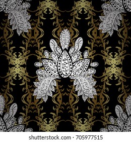 Classic vintage background. Seamless classic vector black and golden pattern. Traditional orient ornament with white doodles.