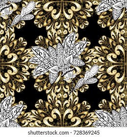 Classic vintage background. Seamless classic vector black, white and beige and golden pattern. Traditional orient ornament with white doodles.