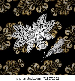 Classic vintage background. Seamless classic vector black, white and beige and golden pattern. Traditional orient ornament with white doodles.