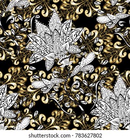 Classic vintage background. Seamless classic vector golden pattern. Traditional orient ornament. Seamless pattern on colors with golden elements. Vector illustration.