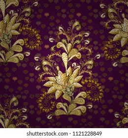 Classic vintage background. Traditional orient ornament. Seamless pattern on purple, brown and yellow colors with golden elements. Classic vector golden seamless pattern.