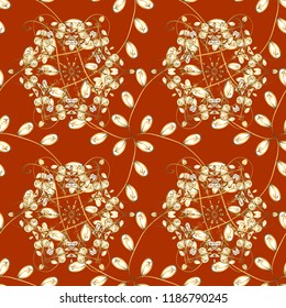 Classic vintage background. Traditional orient ornament. Vector illustration. Seamless pattern on orange, white and yellow colors with golden elements. Seamless classic vector golden pattern.