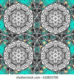 Classic vintage background. Traditional orient ornament. Seamless pattern on blue background with white elements. Seamless classic vector white pattern. Vector illustration.