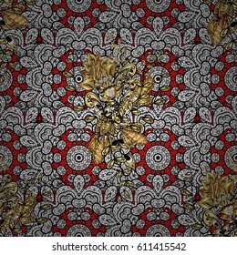 Classic vintage background. Traditional orient ornament. Seamless pattern on red background with golden elements and white doodles. Seamless classic vector golden pattern.