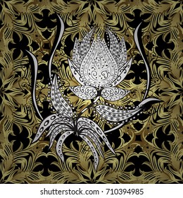 Classic vintage background. Traditional orient ornament. Golden pattern on black background with golden elements. Seamless classic vector golden pattern.