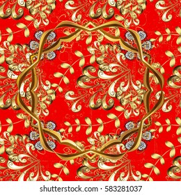 Classic vintage background. Classic vector golden pattern. Traditional orient ornament. On red background with golden elements.