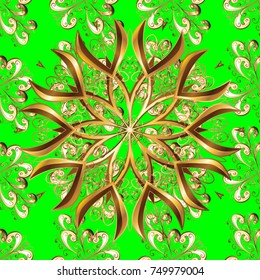 Classic vintage background. Classic vector golden seamless pattern. Traditional orient ornament. Seamless pattern on green, brown and beige colors with golden elements.