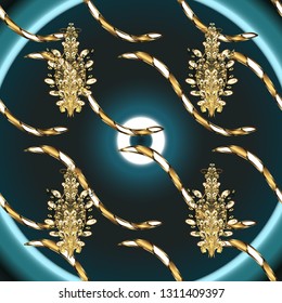 Classic vintage background. Vector illustration. Seamless pattern on gray and blue colors with golden elements. Seamless classic vector golden pattern. Traditional orient ornament.