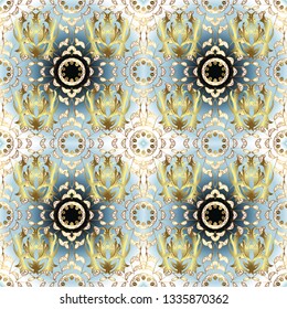 Classic vintage background. Vector illustration. Seamless classic vector golden pattern. Seamless pattern on neutral, white and blue colors with golden elements. Traditional orient ornament.