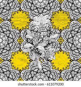 Classic vintage background. Vector illustration. Traditional orient ornament. Classic vector golden pattern. Pattern on yellow background with golden elements.
