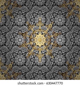 Classic vintage background. Vector illustration. Seamless pattern on gray background with golden elements. Traditional orient ornament. Seamless classic vector golden pattern.