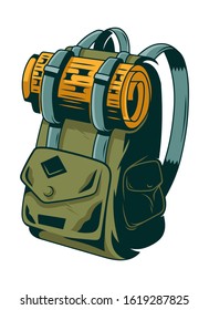 Classic vintage backpack for trip journey travel adventure, on isolated white background. Retro looking stylish camping and mountain exploring bag. Custom graphic print design vector illustration.