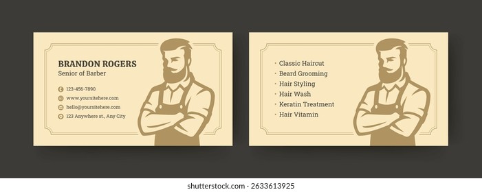 A classic vintage barber business card template showcasing a retro logo and key contact details for professional branding. Ideal for barbershop promotion, print materials and personal styling services