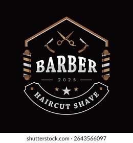 Classic vintage barber logo featuring scissors, razors, barber poles, and bold typography. Ideal for barbershop branding, haircut signage, grooming salons, or retro male grooming designs.