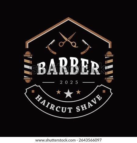 Classic vintage barber logo featuring scissors, razors, barber poles, and bold typography. Ideal for barbershop branding, haircut signage, grooming salons, or retro male grooming designs.
